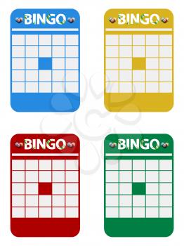 Four Blank Copy Space Bingo Cards Blue Yellow Red And Green With Bingo Decorative Text And Balls Over White Background