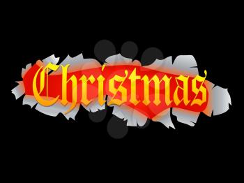 Decorative Yellow Gothic Style Christmas Text Coming Out From A Ripped Black Background