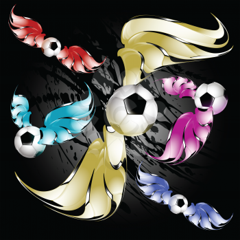 Royalty Free Clipart Image of Flying Soccer Balls on a Black Background
