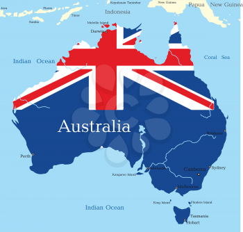 Royalty Free Clipart Image of a Map of Australia With the Flag Painted on It