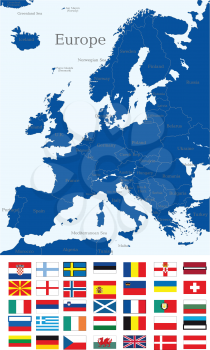 Royalty Free Clipart Image of a Map of Europe and Some Flags