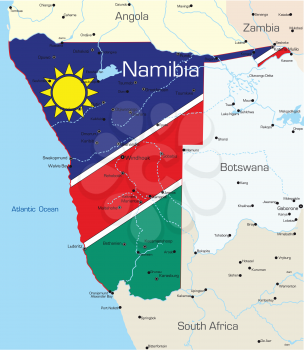 Royalty Free Clipart Image of a Map of Namibia With the Flag Painted on It