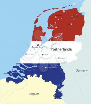 Royalty Free Clipart Image of a Map of the Netherlands With a Flag on It