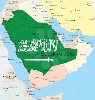 Royalty Free Clipart Image of a Map of Saudi Arabi Coloured in the Flag