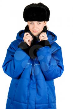 Royalty Free Photo of a Woman Wearing a Blue Coat