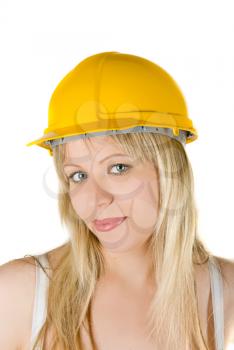 Royalty Free Photo of a Woman Wearing a Yellow Hardhat 
