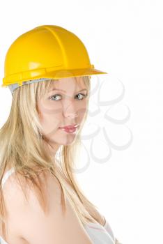 Royalty Free Photo of a Woman Wearing a Yellow Hardhat
