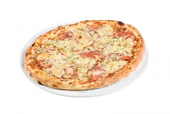 Pizza with mushrooms, ham isolated on white background