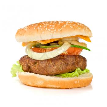 Delicious grilled burger on wheat buns isolated on a white