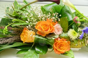 Wedding Bunch of flowers closeup at table