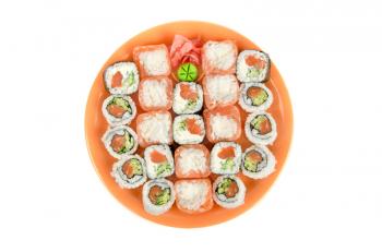 Closeup japanese sushi set at plate on a white