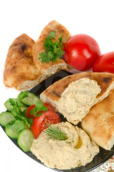 Bread with pate and fresh vegetables of tomatoes and cucumbers