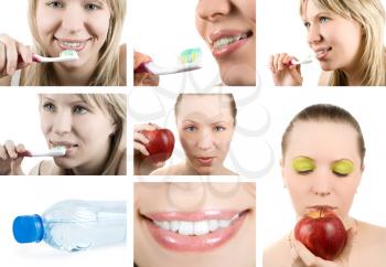 Beautiful woman and healthy teeth. Dental health. Collage.