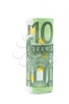 Roll of one hundred euro banknotes on the white background