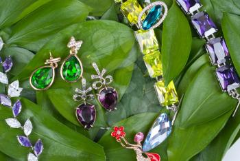 Jewelry with gems at green leaves