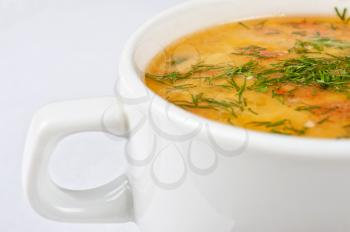 closeup of chicken soup served in a bowl