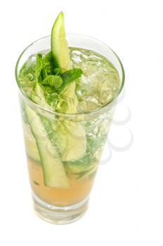 Fresh cocktail with cucumber, apple juice, lemon juice and ice  isolated on white background