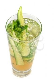 Fresh cocktail with cucumber, apple juice, lemon juice and ice  isolated on white background