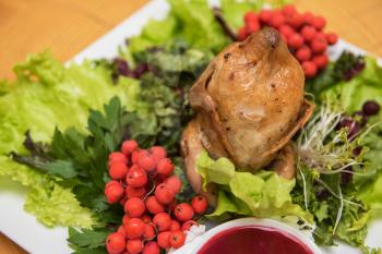 quail roasted with sweet and sour cranberry sauce decorated with rowanberry
