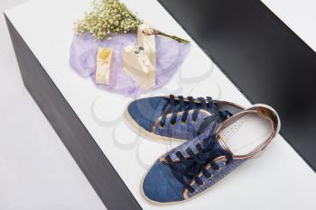 Set of shoes, soap and aroma bouquet of dried flowers