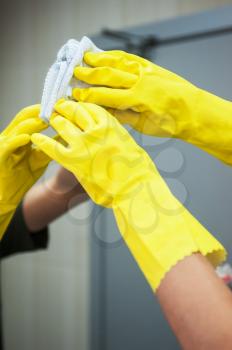 Cleaning concept. Closeup photo of woman cleaning office