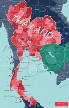 Thailand country detailed editable map with regions cities and towns, roads and railways, geographic sites. Vector EPS-10 file