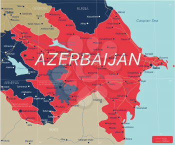 Azerbaijan country detailed editable map with cities and towns, roads and railways. Vector EPS-10 file