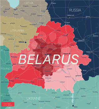 Belarus country detailed editable map with regions cities and towns, roads and railways, geographic sites. Vector EPS-10 file