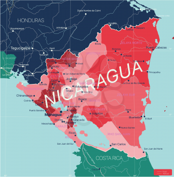Nicaragua country detailed editable map with regions cities and towns, roads and railways, geographic sites. Vector EPS-10 file