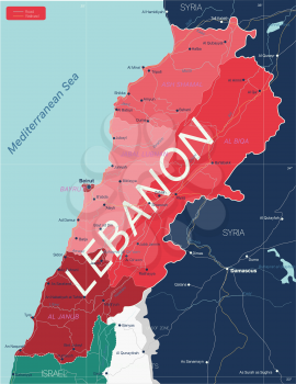Lebanon country detailed editable map with regions cities and towns, roads and railways, geographic sites. Vector EPS-10 file