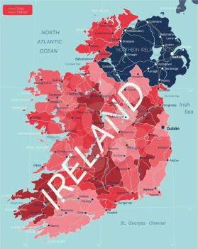 Ireland country detailed editable map with regions cities and towns, roads and railways, geographic sites. Vector EPS-10 file
