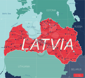 Latvia country detailed editable map with regions cities and towns, roads and railways, geographic sites. Vector EPS-10 file