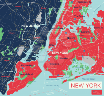 New York city detailed editable map with cities and towns, geographic sites, roads, railways, interstates and U.S. highways. Vector EPS-10 file, trending color scheme