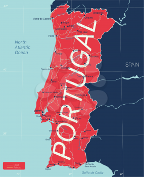 Portugal country detailed editable map with regions cities and towns, roads and railways, geographic sites. Vector EPS-10 file