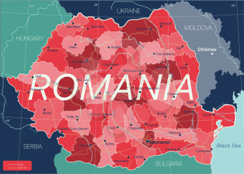 Romania country detailed editable map with regions cities and towns, roads and railways, geographic sites. Vector EPS-10 file