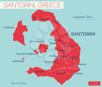 Santorini island detailed editable map with regions cities and towns, roads and railways, geographic sites. Vector EPS-10 file
