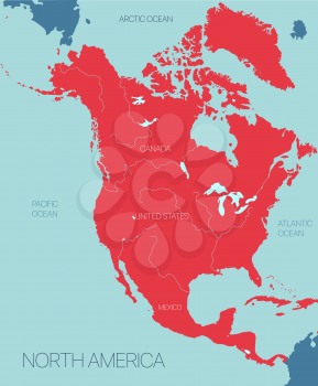 North America continent vector map with countries. Vector editable illustration. Trending color scheme