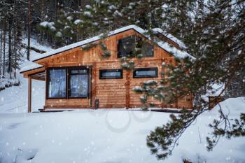 Winter holiday house in forest. Clean air, rest and relaxation. Unity with nature.