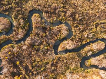 Aerial drone view of autumn landscape with river.