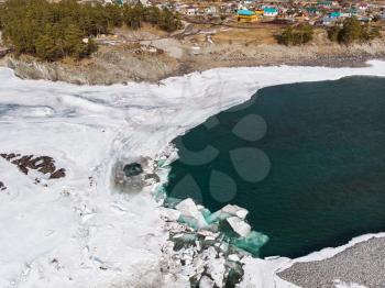 Aerial view of winter blue lakes in Altai mountains