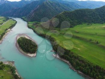 Katun river, with island in the Altai mountains, Siberia, Russia, concept of vacation at home, local tourism or domestic tourism