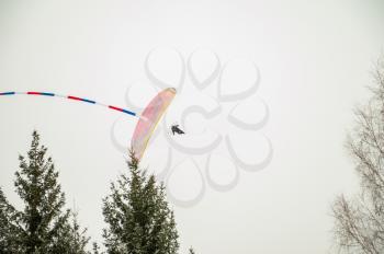 Paraglider is flying in the sky in the Altai winter mountains.