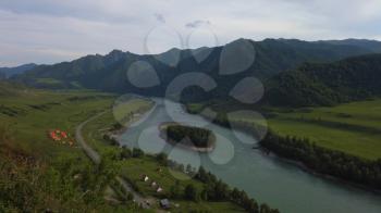 Mountain river Katun, green valley, beauty summer evening, Altai mountains