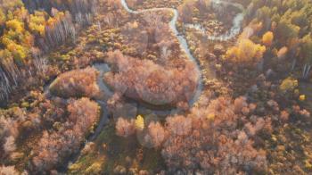 Aerial drone video of autumn landscape with river.