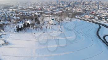Barnaul, Siberia, Russia- January 13, 2019: Aerial shot of main view to Barnaul city, Siberia, Russia. Winter sunny day on on January 13, 2019 in Barnaul, Russia