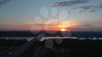 BARNAUL - JUNE, 07 Aerial view to bridge, beauty sunset summer sky in June 07, 2020 in Barnaul , Siberia, Russia
