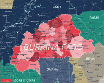 Burkina Faso country detailed editable map with regions cities and towns, roads and railways, geographic sites. Vector EPS-10 file