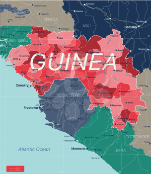Guinea country detailed editable map with regions cities and towns, roads and railways, geographic sites. Vector EPS-10 file