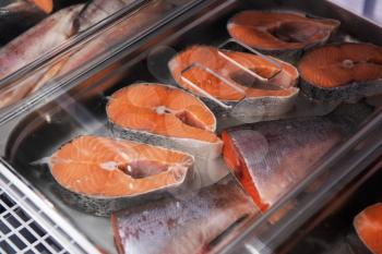 Fish and seafood stall in a market. Healthy eating and fish market concept