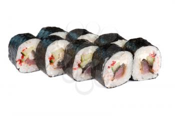 Roasted roll with tuna fish, cucumber and tobiko on white